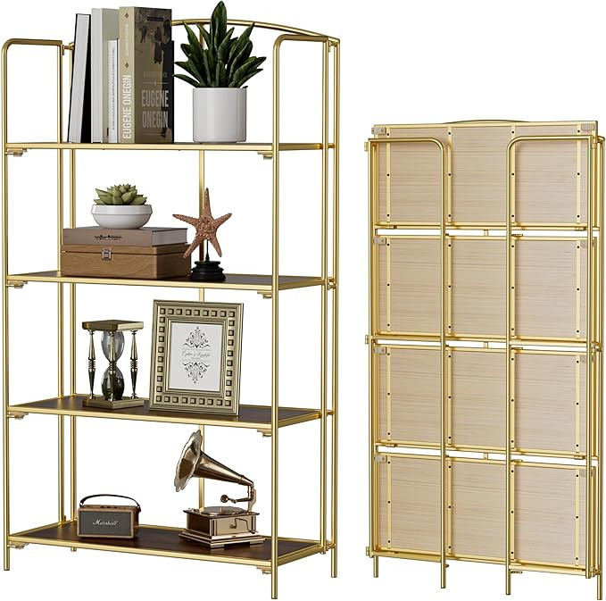 Crofy No Assembly Folding Bookshelf for Living Room, 4 Tier Gold Collapsible Book Shelf for Home ... | Amazon (US)