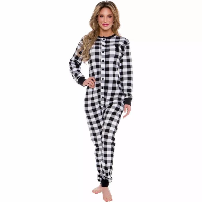 Silver Lilly Slim Fit Women's "Oh Deer" Buffalo Plaid One Piece Pajama Union Suit with Butt Flap | Target