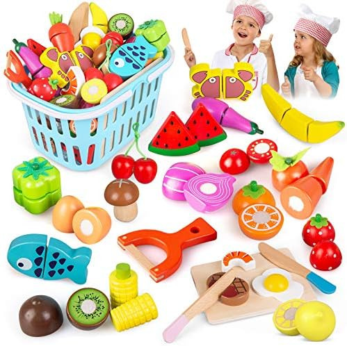 Wooden Cutting Cooking Food Playset, Kitchen Play Food Toys for Pretend Play Role-Play, Early Dev... | Amazon (US)
