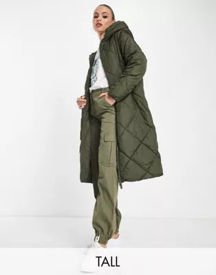 New Look Tall longline puffer coat in dark khaki | ASOS (Global)