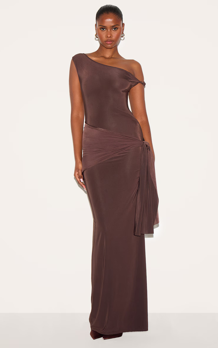 Chocolate Slinky Off Shoulder Wrap Detail Maxi Dress | PrettyLittleThing UK