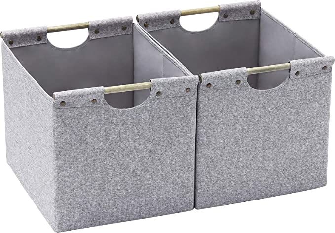 HOONEX Large Foldable Cube Storage Bins, Linen Fabric, 2 Pack, with Wooden Carry Handles and Stur... | Amazon (US)