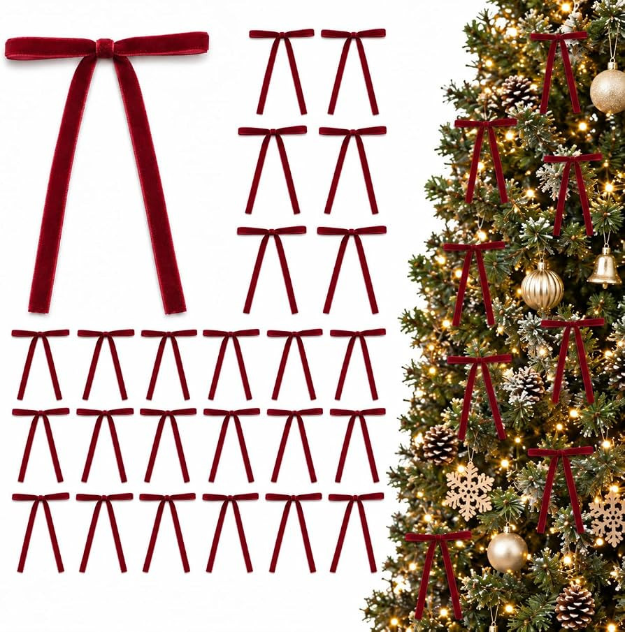 Burgundy Velvet Ribbon Bows Pre-Tied Christmas Tree Decor 5 x 7 Inch 24pcs | Amazon (US)