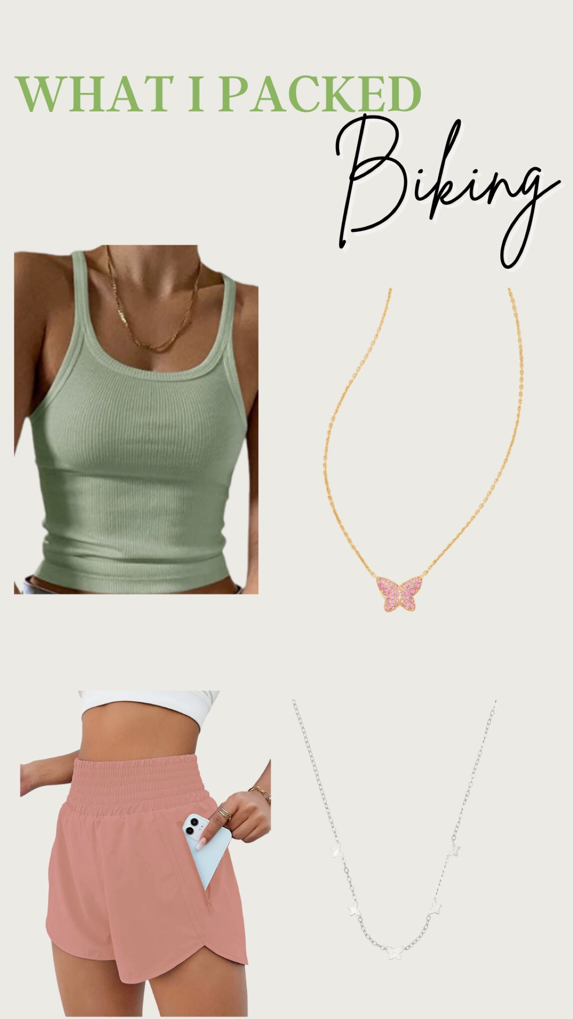 what i packed for bike riding! 
🚲
🚲
🚲
amazon, amazon fit, high waisted shorts, tank tops, amazon style, comfy clothes, shorts, butterfly necklace, jewelry 

#LTKunder50 #LTKstyletip #LTKfit