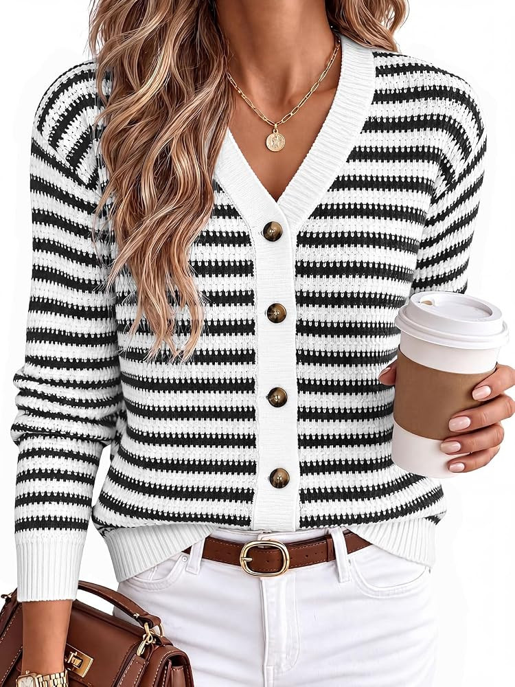 Saodimallsu Womens Striped Cardigan V Neck Long Sleeve Button Fall Sweaters | Amazon (US)
