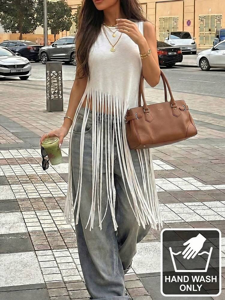 Women's White Fringe Knit Sleeveless Asymmetric Hem Casual Top, Street Style For Spring & Summer | SHEIN