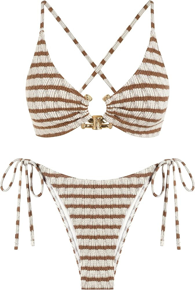 ZAFUL Women's Sexy Cutout Bikini Set High Cut Textured Metal Ring Cheeky Swimsuit Two Piece Bathi... | Amazon (US)