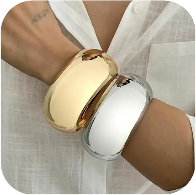 Chunky Gold Bangles Bracelets for Women Trendy Silver Stack Bracelet Minimalist Wide Bangle Jewel... | Amazon (US)