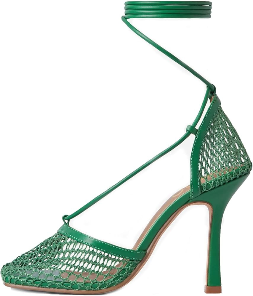 Mattiventon Stiletto High Heel Square Toe Sandals Womens Lace up Stretch Rhinestone Sandals | Amazon (US)