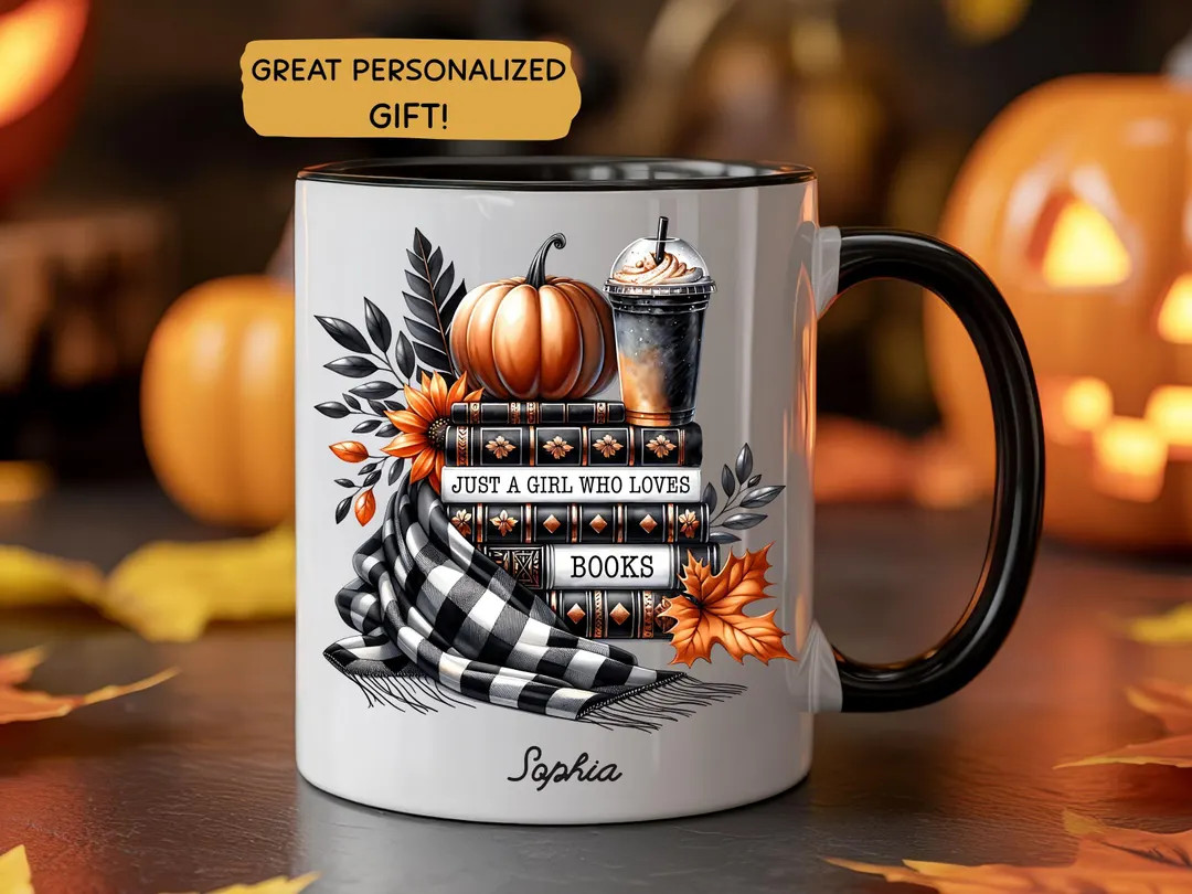 Just a Girl Who Loves Books Personalized Mug, Fall Pumpkin Coffee Cup With Plaid & Sunflowers, Au... | Etsy (US)