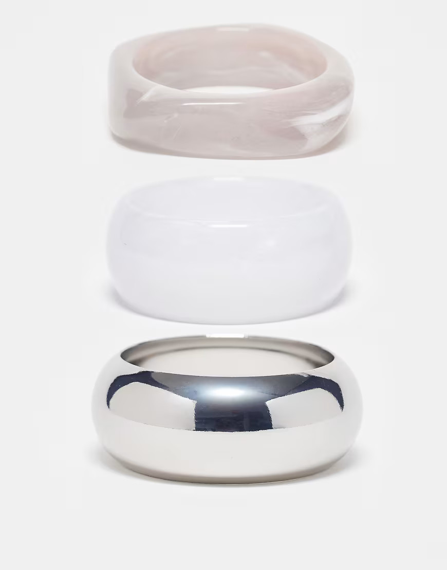 ASOS DESIGN pack of 3 bangle bracelets in resin and metal in silver tone | ASOS (Global)