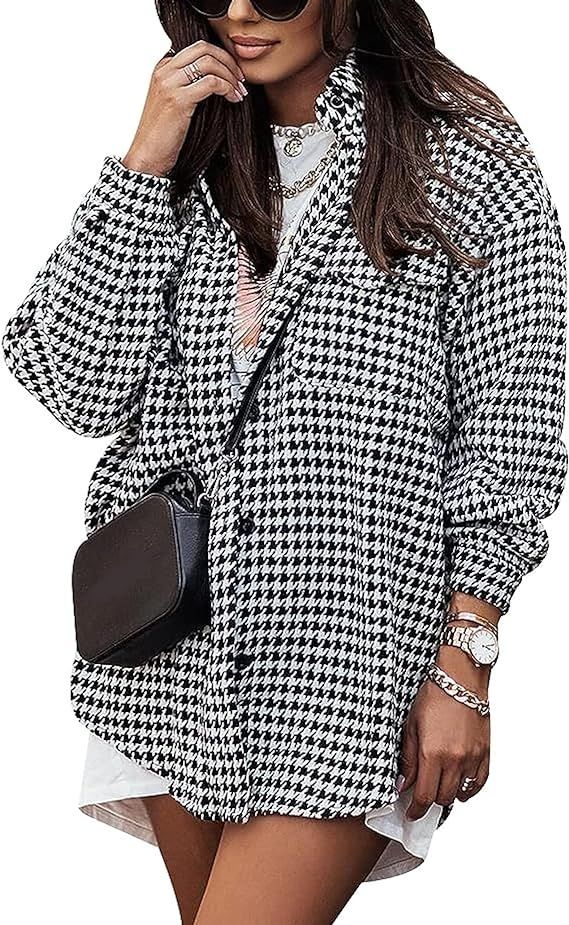 Xunger Women’s Houndstooth Plaid Jacket with Lining Loose Fit Button Down Oversized Shacket | Amazon (US)