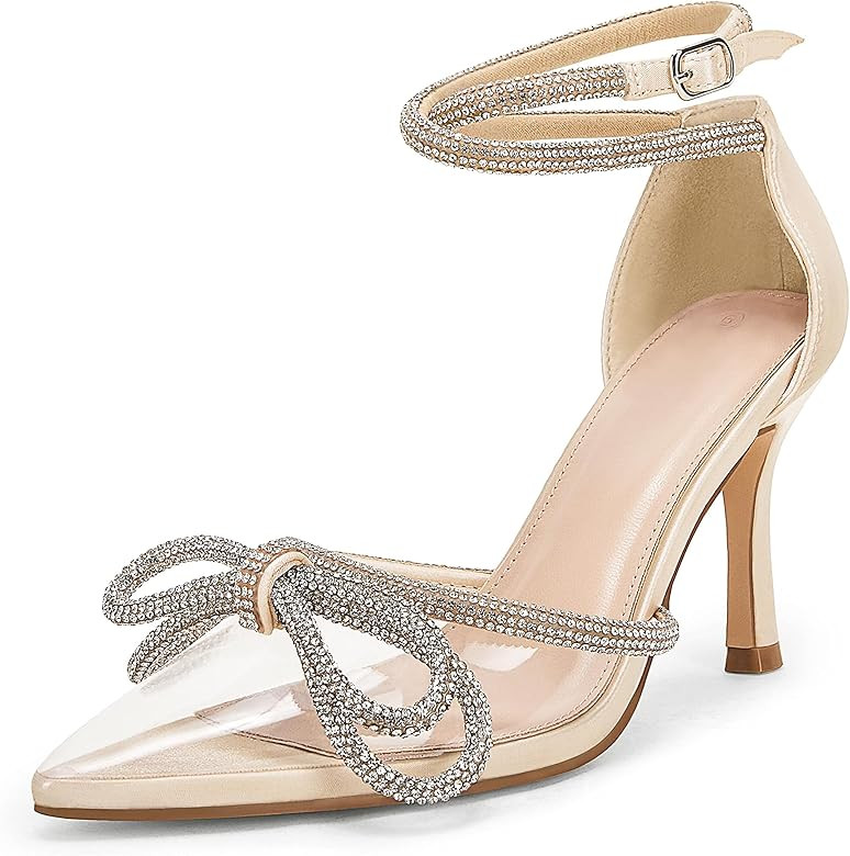 Coutgo Women's Clear Heels Closed Toe Pointed Rhinestone Heels Ankle Strap Bow Pumps Wedding Brid... | Amazon (US)