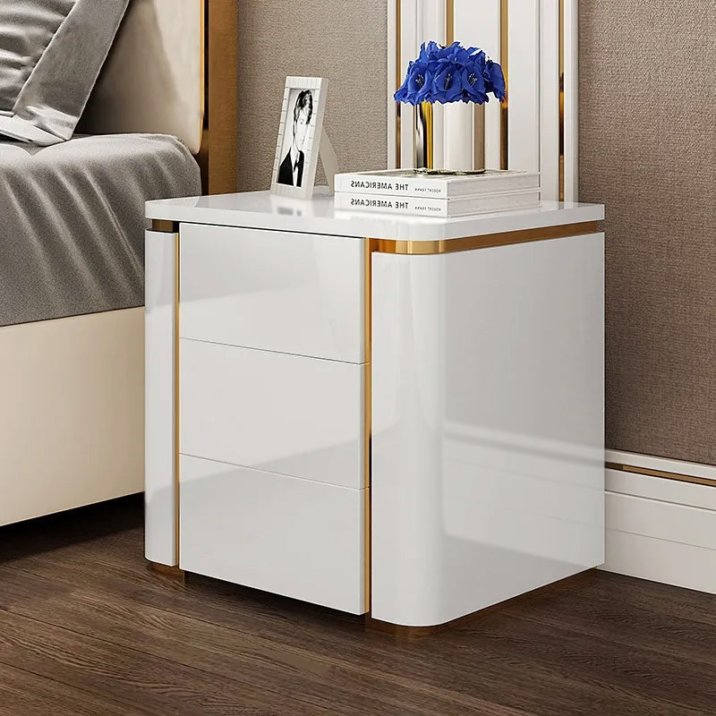 Modern Luxury White & Gold 3 Drawers Bedroom Nightstand Square Bedside Table | Homary