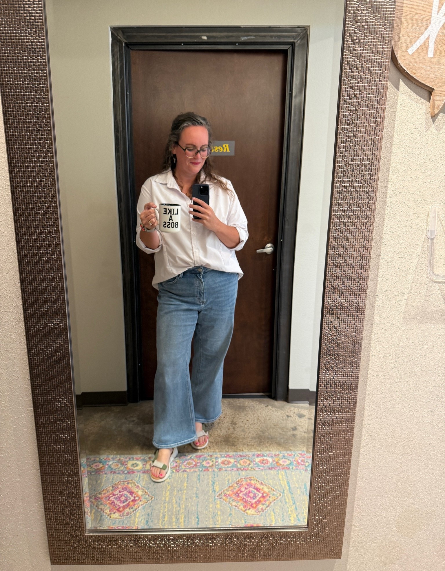 The mug says it all. The sandals are 7 years old and I have no idea what brand they are so I tagged some similar things. This is my go to casual but put together work day look.

#LTKOver40 #LTKMidsize
