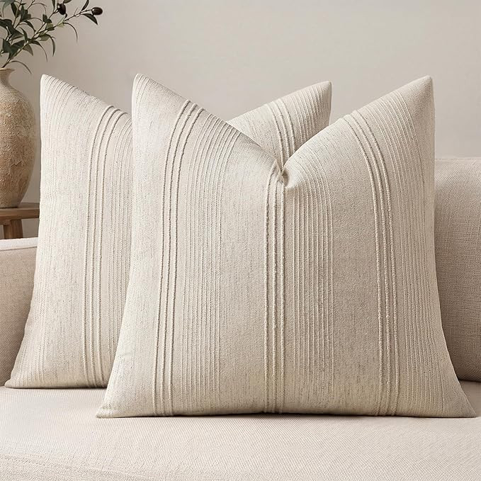 MIULEE Decorative Striped Throw Pillow Covers 18x18 Inch Beige 2 Pack | Textured Linen Pillow Cov... | Amazon (US)