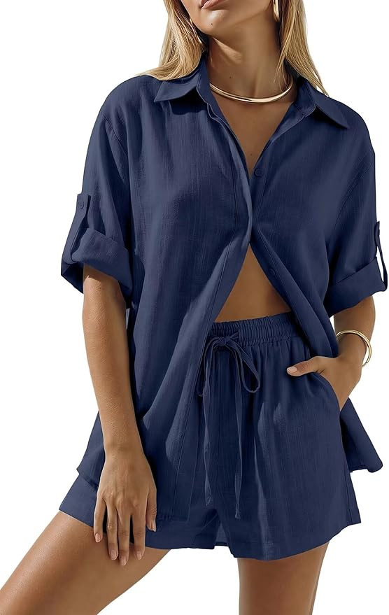 Amazon.com: BWQ Women Summer Cotton Linen Short Sets 2 Piece Shorts Top Lounge Beach Vacation Two... | Amazon (US)