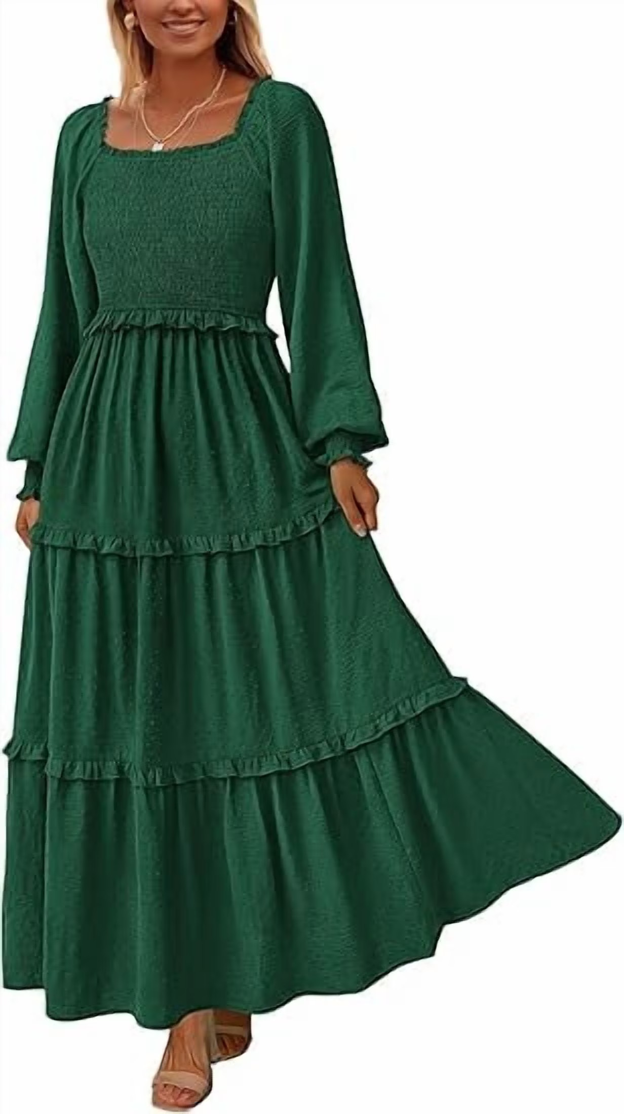 PRETTYGARDEN Women's Spring Long Sleeve Smocked Maxi Dress Casual Square Neck Swiss Dot Tiered Ru... | Walmart (US)