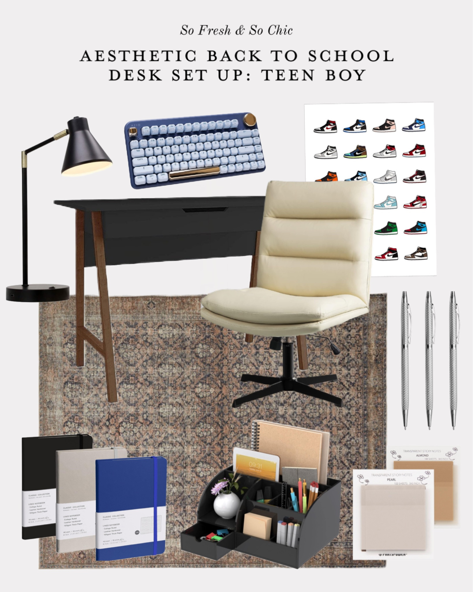 Aesthetic teen boys desk set up.
- 
Back to school teen boy - teen boy bedroom - affordable desk - black task lamp - Nike sneakers poster - blue keyboard wireless - amber Lewis Loloi Morgan rug navy sand - viral TikTok desk chair - large padded desk chair teen boy room - beige desk chair - silver ballpoint pens - black desk organizer - neutral notebooks - transparent sticky notes - teen boy bedroom study area - affordable teen bedroom decor  - amber Lewis Loloi Billie rug teen room decor 

#LTKBacktoSchool #LTKkids #LTKhome