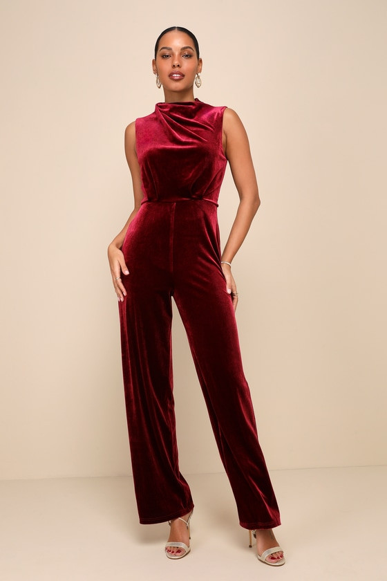 Essential Confidence Wine Red Velvet Mock Neck Jumpsuit | Lulus