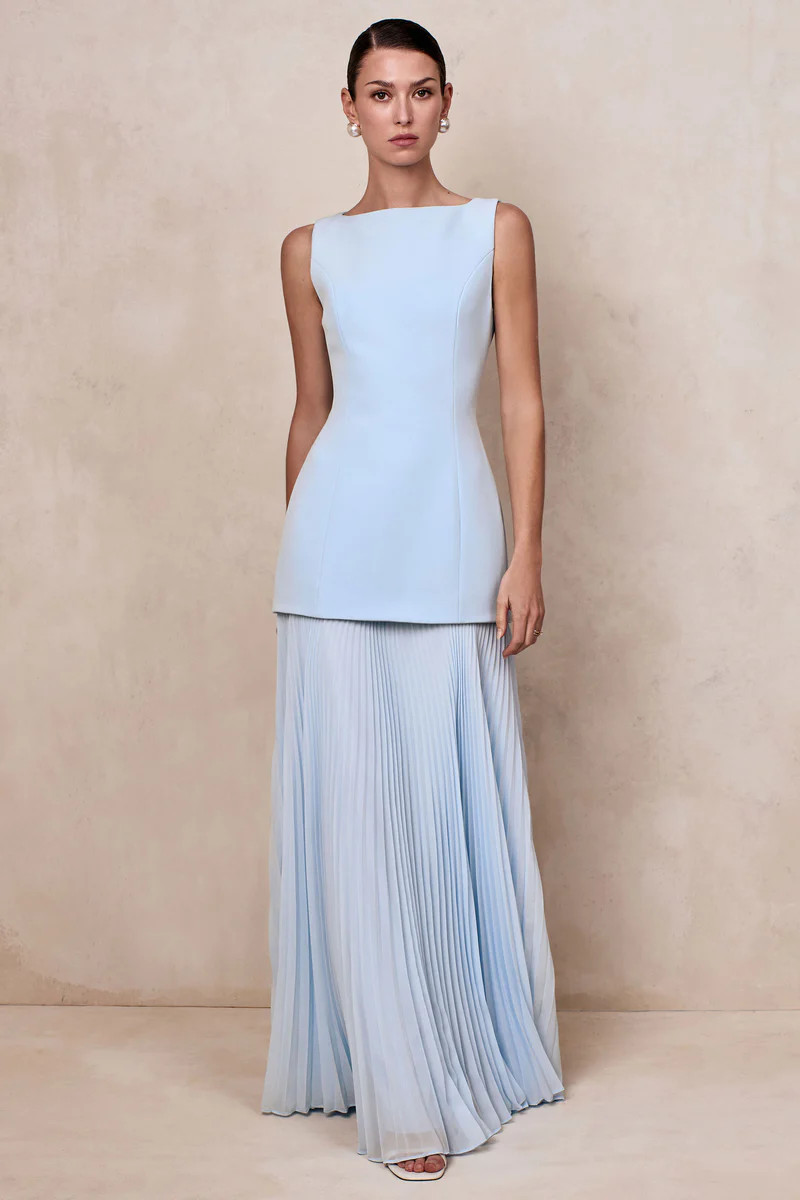 Hadley | Powder Blue Boat-Neck Maxi Dress With Drop-Waist | Club L London