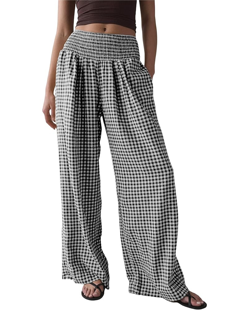 Qiaomai Women Casual Plaid Pants Elastic High Waist Wide Leg Lounge Pants Loose Trousers | Amazon (US)
