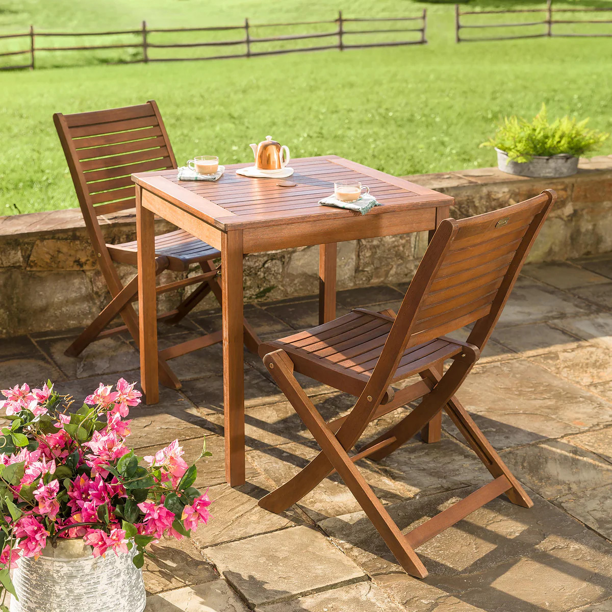 Eucalyptus Wood Outdoor Bistro Set, Table and Two Chairs | Plow & Hearth