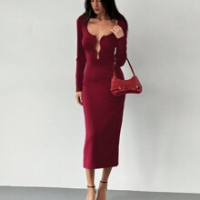 Sexy Deep V Neck Tight Fit Long Sleeve Maxi Black Bodycon Dress For Women | SHEIN