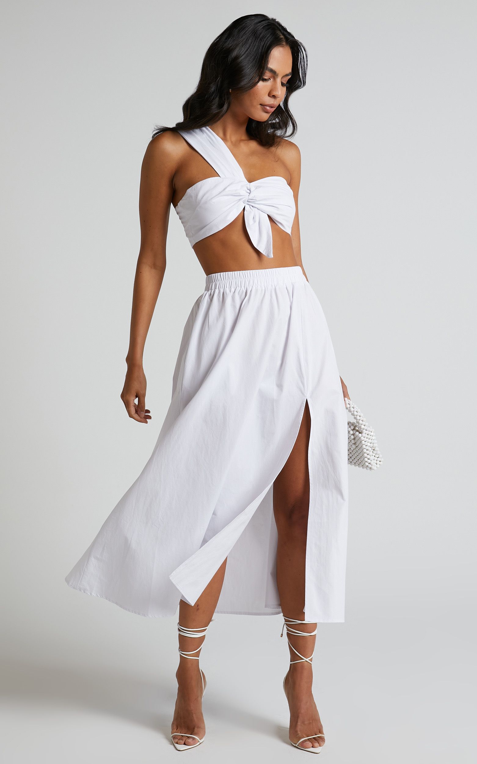 Sula Two Piece Set - One Shoulder Bralette Crop Top and Midi Skirt in White | Showpo (ANZ)