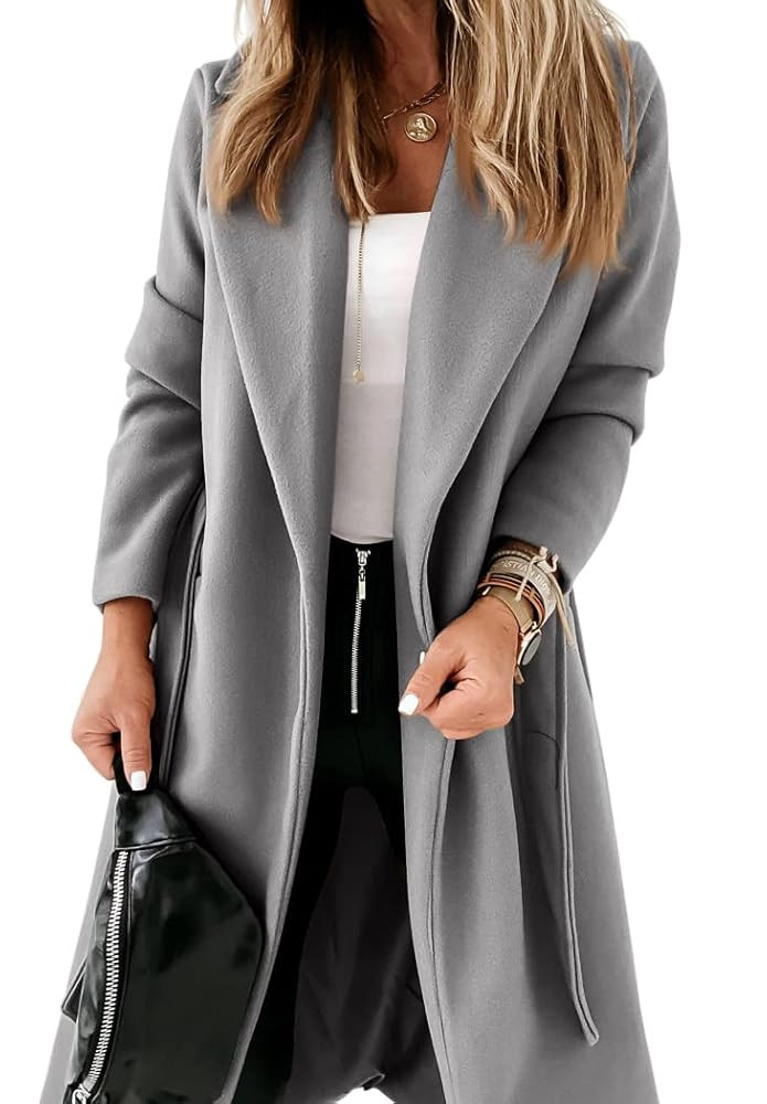 Womens Classic Coat Lapel Collar Open Front Belted Long Jacket | Amazon (US)