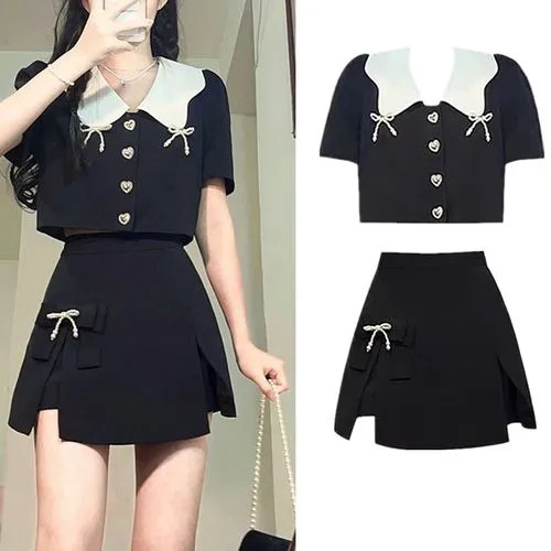 Leoom - Short-Sleeve Rhinestone Bow Blouse / A-Line Skirt | YesStyle Global