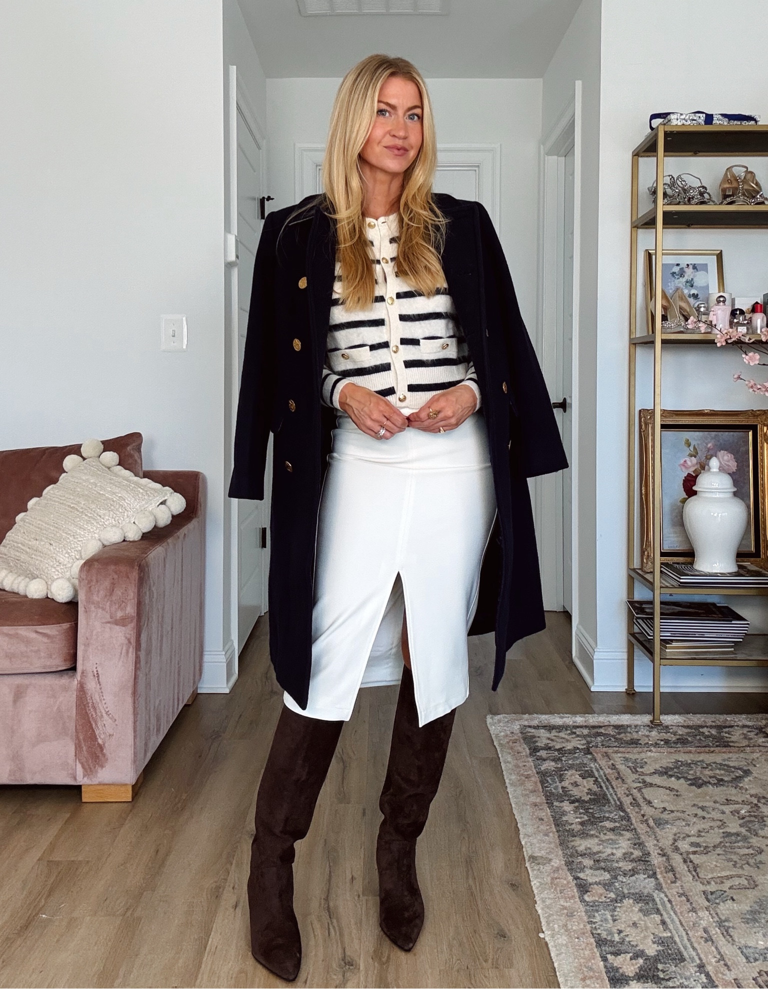Elevated holiday dressing new arrivals from @jcrew @jcrew #injcrew #ad 

Navy striped cardigan: runs slightly small / wearing a S
Ivory pencil skirt: TTS / wearing a 0
Navy pea coat: TTS / wearing a 2
Dark Brown suede boots: TTS


#LTKsalealert #LTKSeasonal #LTKworkwear