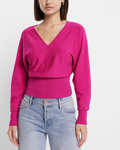 V-Neck Banded Bottom Dolman Sleeve Sweater | Express