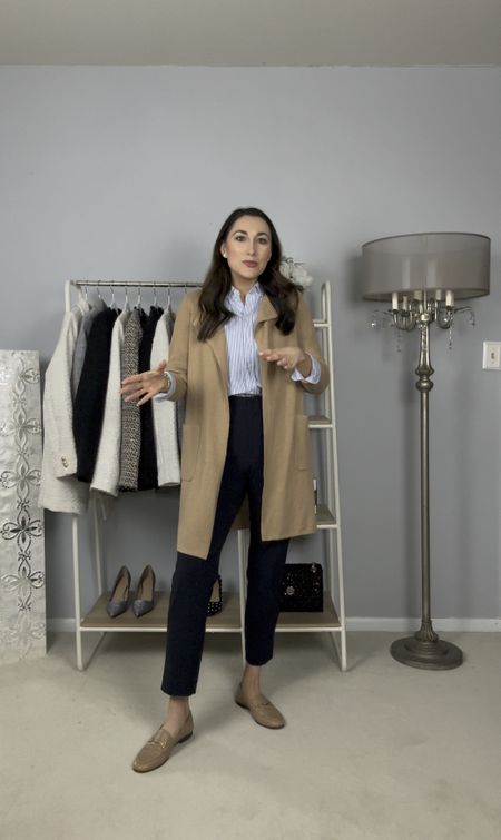 Business casual ootd 💙🤎

Tan long collarless sweater blazer size xs, size down (fits big)
Blue and white striped collared button up (linked similar)
Navy pants (linked similar)
Classic nude loafers size 6.5, size down half size 

Work outfit 
Work wear 

#LTKstyletip #LTKworkwear #LTKshoecrush
