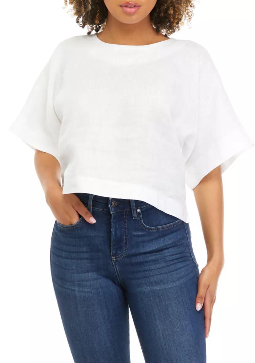 Women's Linen Drop Shoulder Cropped Box Blouse | Belk