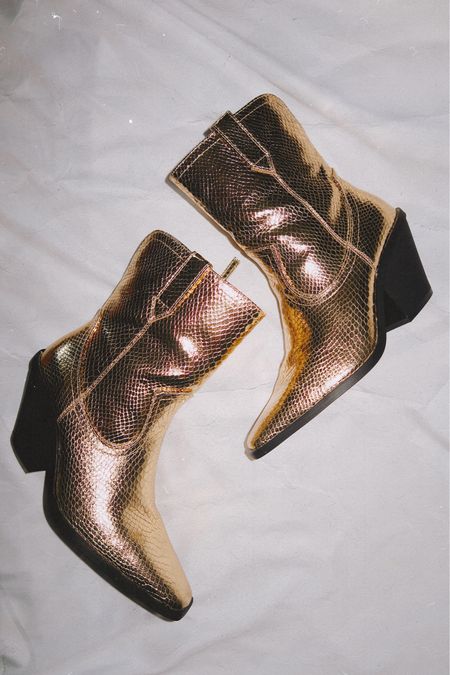 Walmart western booties 
Size up half size 
These are 🔥 
Love the metallic gold vibes but they also come in other colors 

#LTKmidsize #LTKshoecrush #LTKfindsunder50