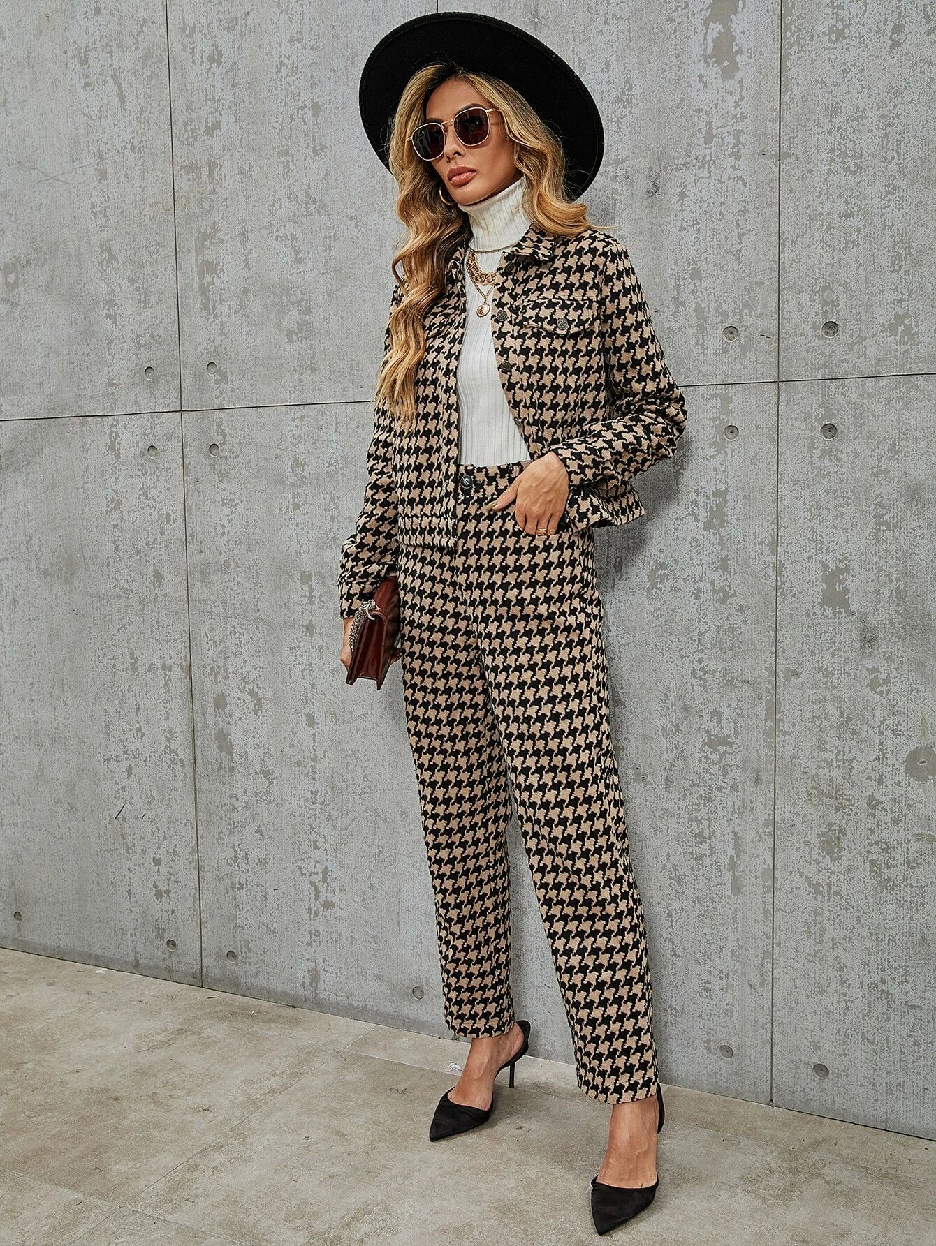 Houndstooth Jacket & Straight Pants | SHEIN