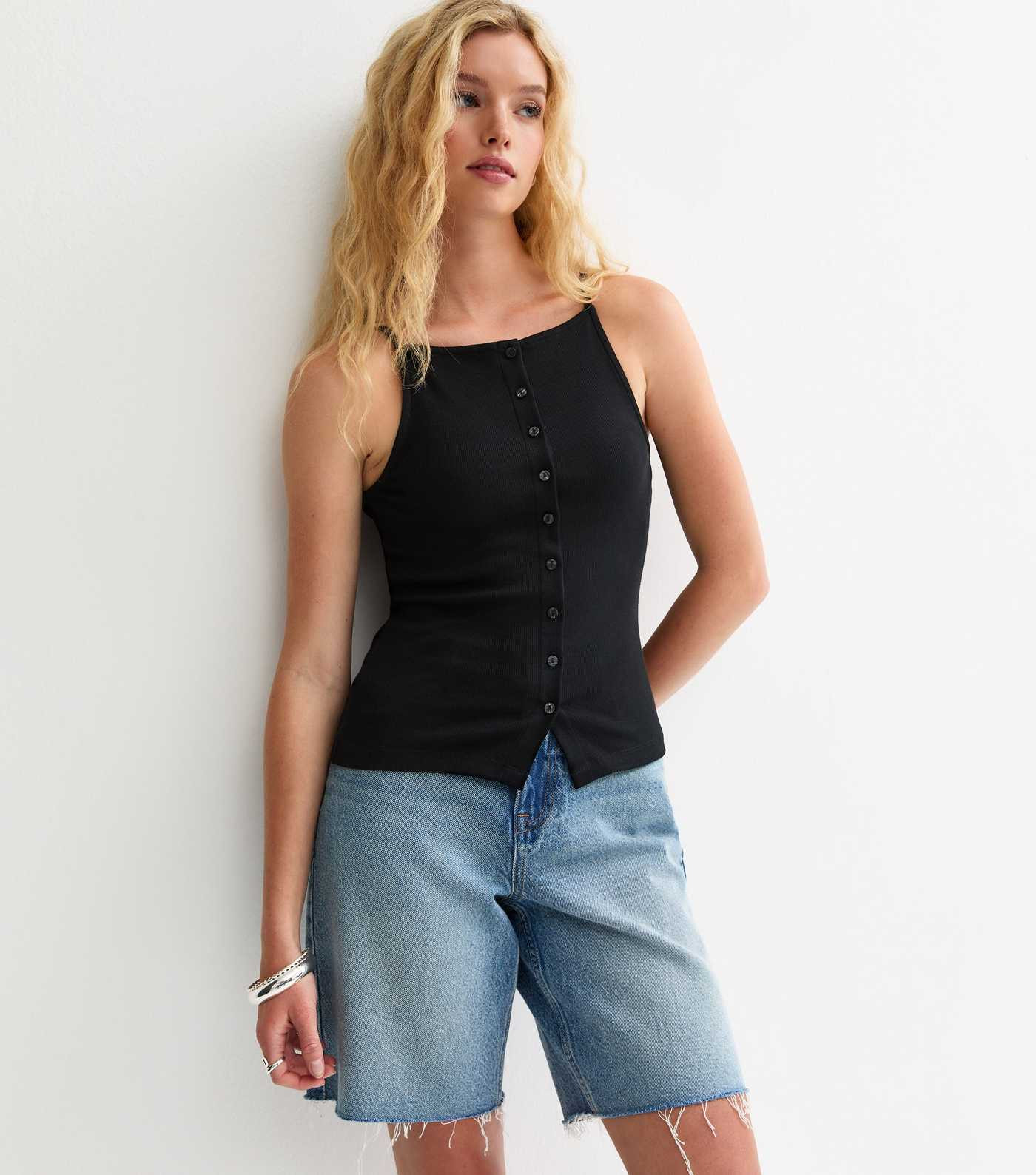 Black Ribbed Jersey Button Through Cami Top | New Look | New Look (UK)