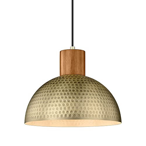 ELYONA Vintage Pendant Light Fixtures, 12” Brushed Brass Hammered Metal & Rubber Wood Industrial Dome Hanging Lamp, Antique Gold Kitchen Pendant Light for Island, Farmhouse, Sink, Dining Room, Hallway | Amazon (US)