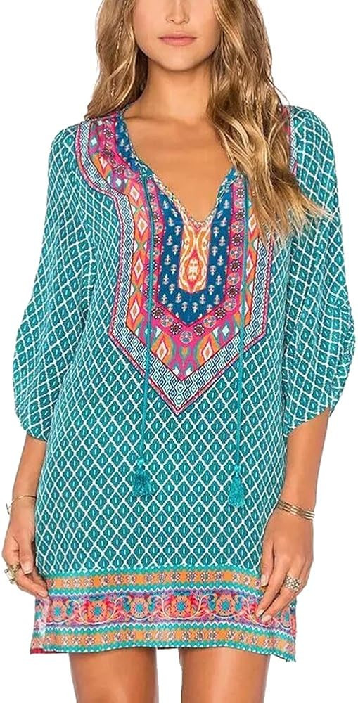Women Bohemian Neck Tie Vintage Printed Ethnic Style Summer Shift Dress | Amazon (US)