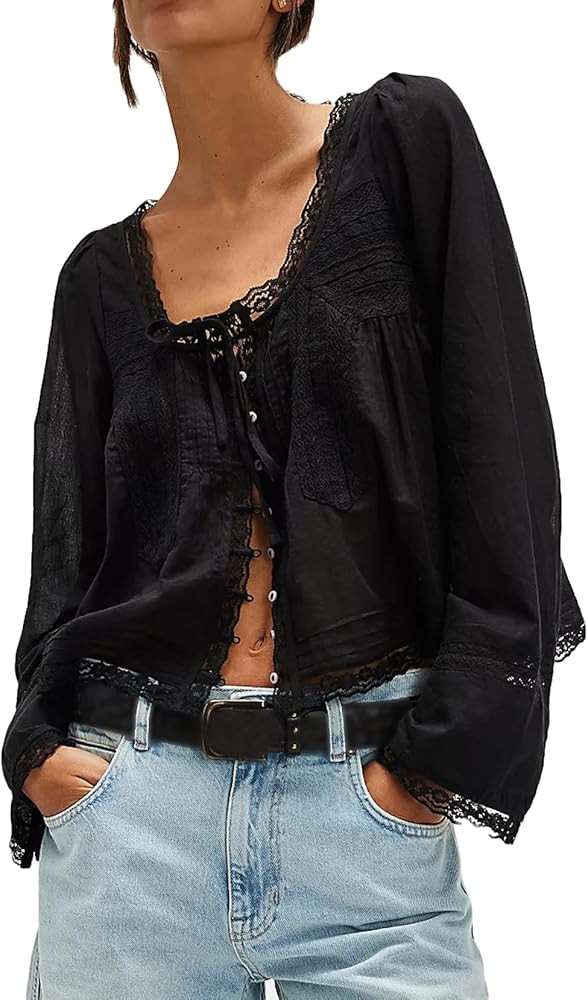 Women Tie Front Long Sleeve Top Lace Trim Button Shirt Square Neck Loose Blouse Going Out Y2k Coq... | Amazon (US)