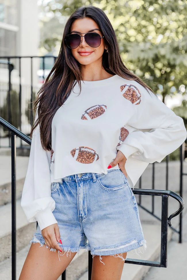 Off To A Good Start Ivory Football Patch Cropped Pullover | Pink Lily