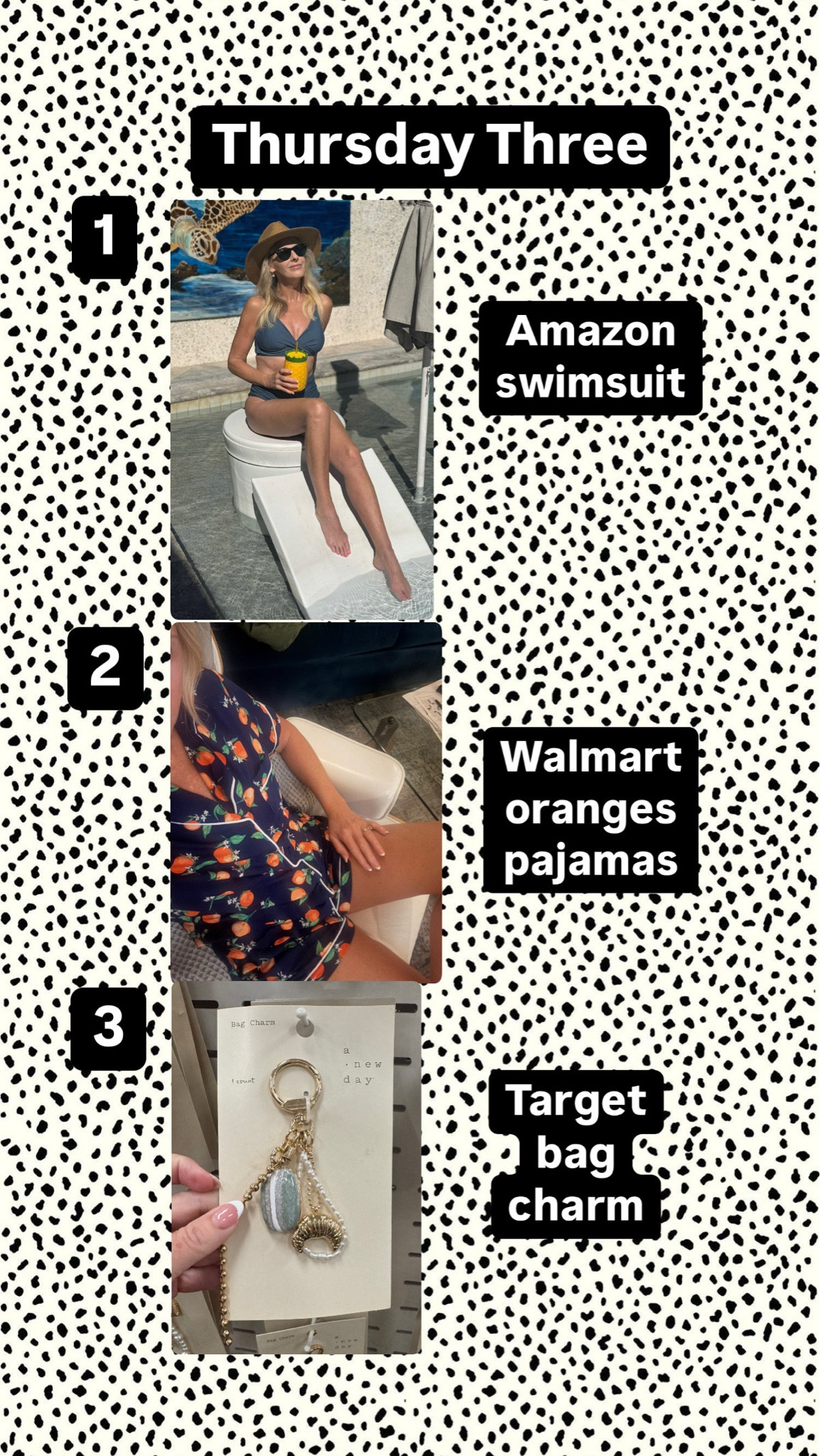The Thursday Three-favorites from the past week. #swimsuit #pajamas #bagcharm 

#LTKOver40 #LTKSwim #LTKPetite