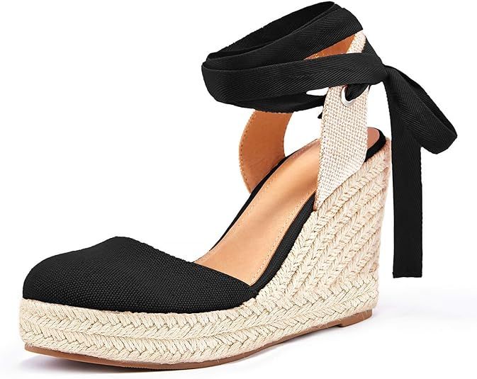 FISACE Womens Summer Espadrille Heel Platform Wedge Sandals Ankle Buckle Strap Closed Toe Shoes | Amazon (US)