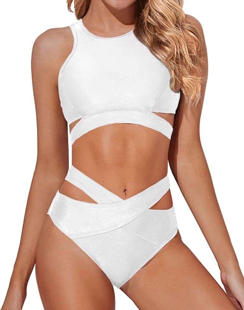 Tempt Me Women Two Piece High Neck Bikini Set Cutout Swimsuit Criss Cross Bandage Bathing Suit with  | Amazon (US)