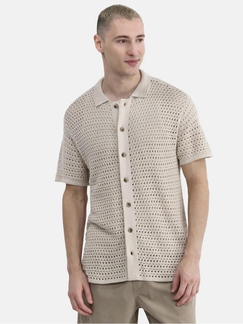 No Boundaries Men's & Big Men's Sweater Knit Polo Mesh Button Front Short Sleeve Shirt, Sizes XS-... | Walmart (US)