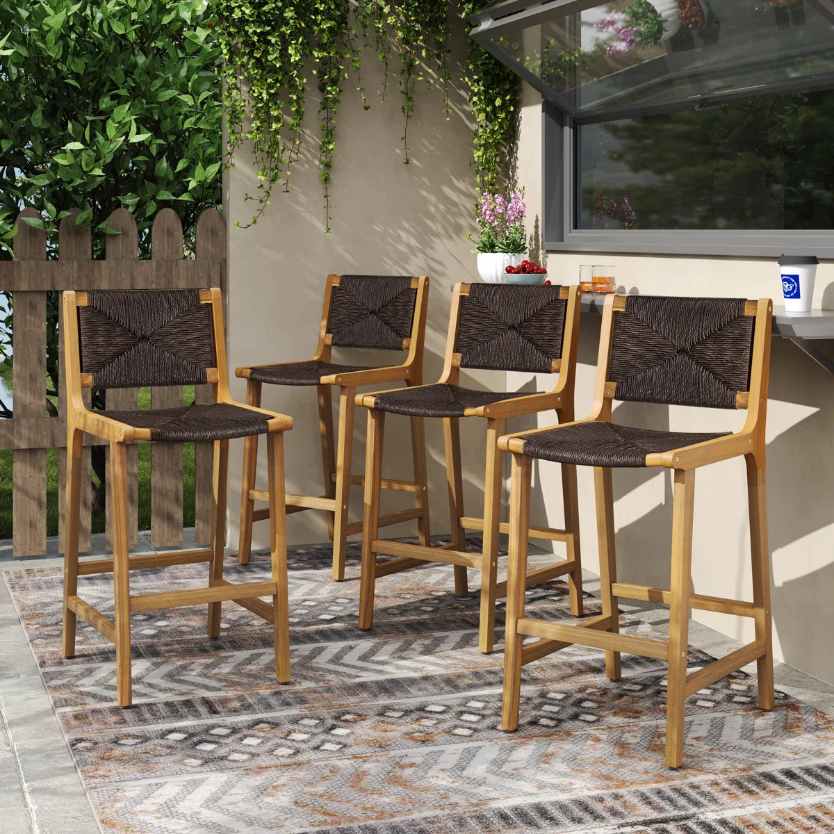 Fielder 28'' Seat Height Coastal Farmhouse Outdoor Armless Bar Stool With PE Wicker Seat And Acac... | Wayfair North America