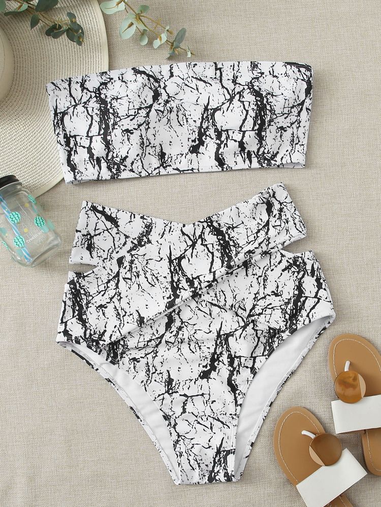 Plus Marble Print Bandeau Bikini Swimsuit | SHEIN
