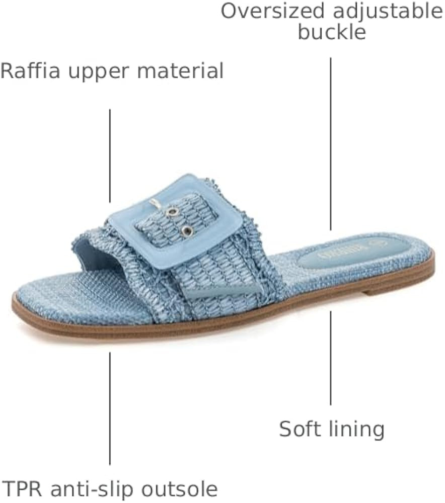Rihero Women's Raffia Flat Sandals Square Open Toe Summer Beach Slip On Woven Buckle Slide Sandal... | Amazon (US)