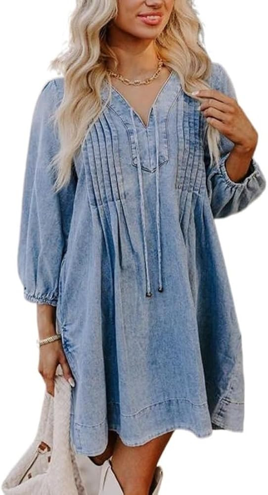 SCOFEEL Denim Mini Dress for Women V Neck Babydoll Jean Dress Puff Sleeve Flowy Peplum Denim Dres... | Amazon (US)